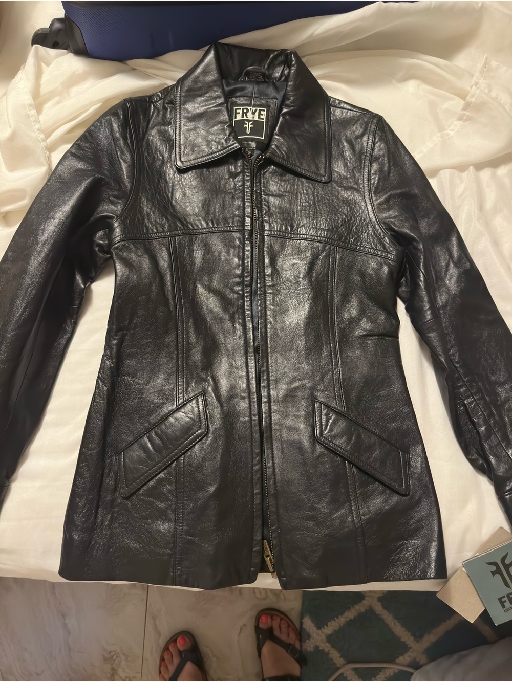 Frye Black Leather Zip Jacket with Pointed Collar